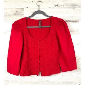 Anthropologie Womens XS Red Smocked Square Neck Button Front Blouse Lightweight